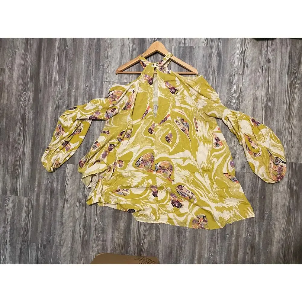 Free People Tunic Top Womens Large Green Floral Balloon Sleeve Boho Artsy FLAW